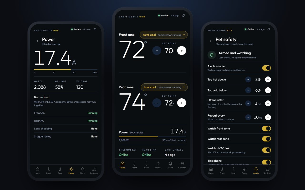Climate Hub phone app screens: power, home and pet safety