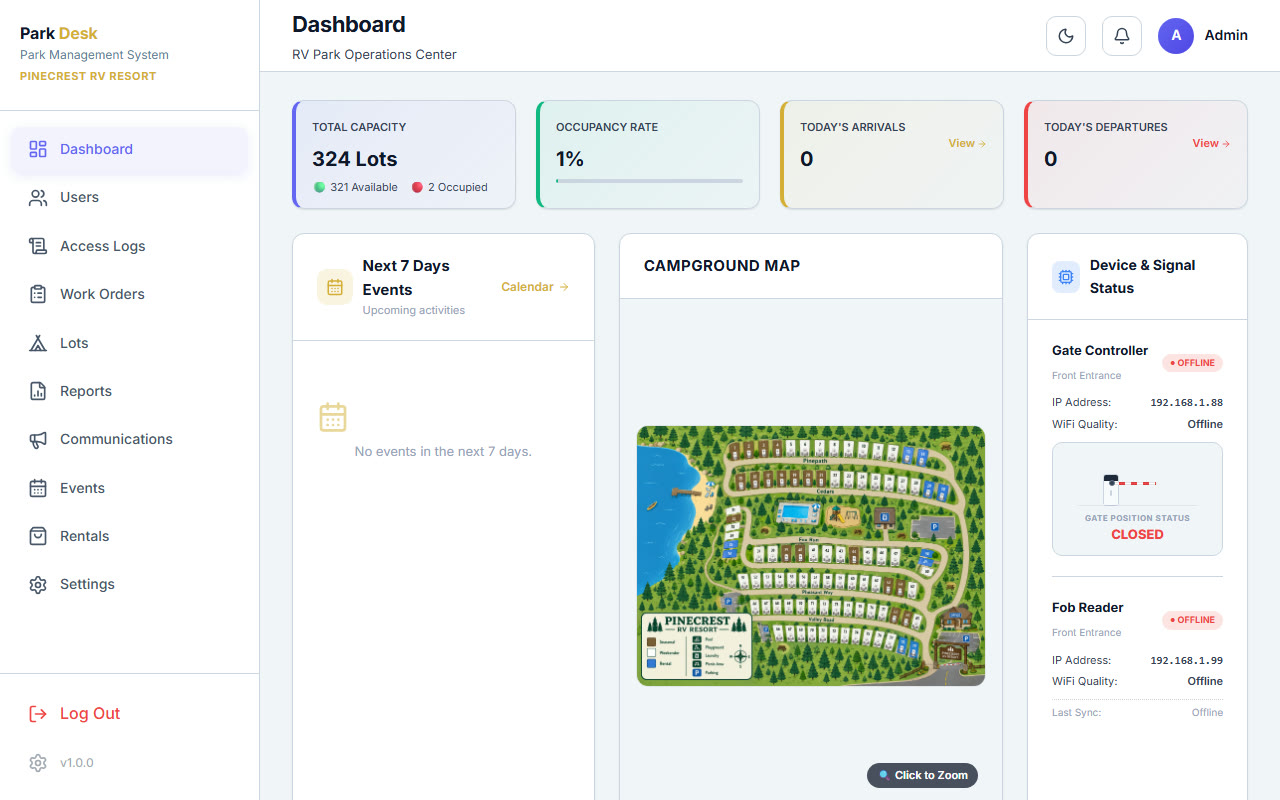 RV park management app dashboard, with occupancy, campground map and gate status