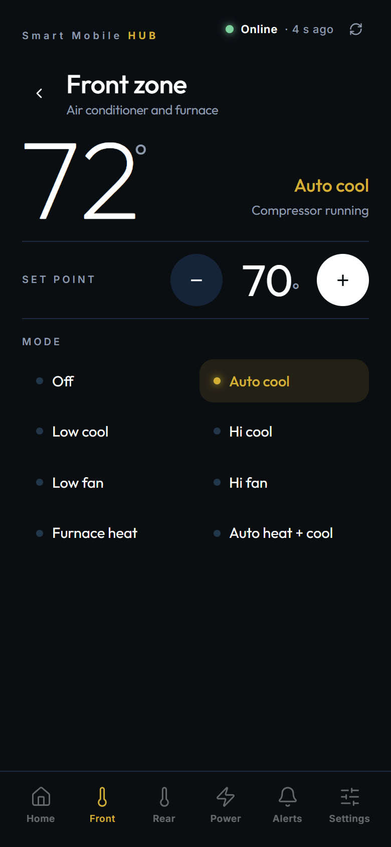 Front zone screen: 72 degrees, auto cool, set point 70 and the list of modes