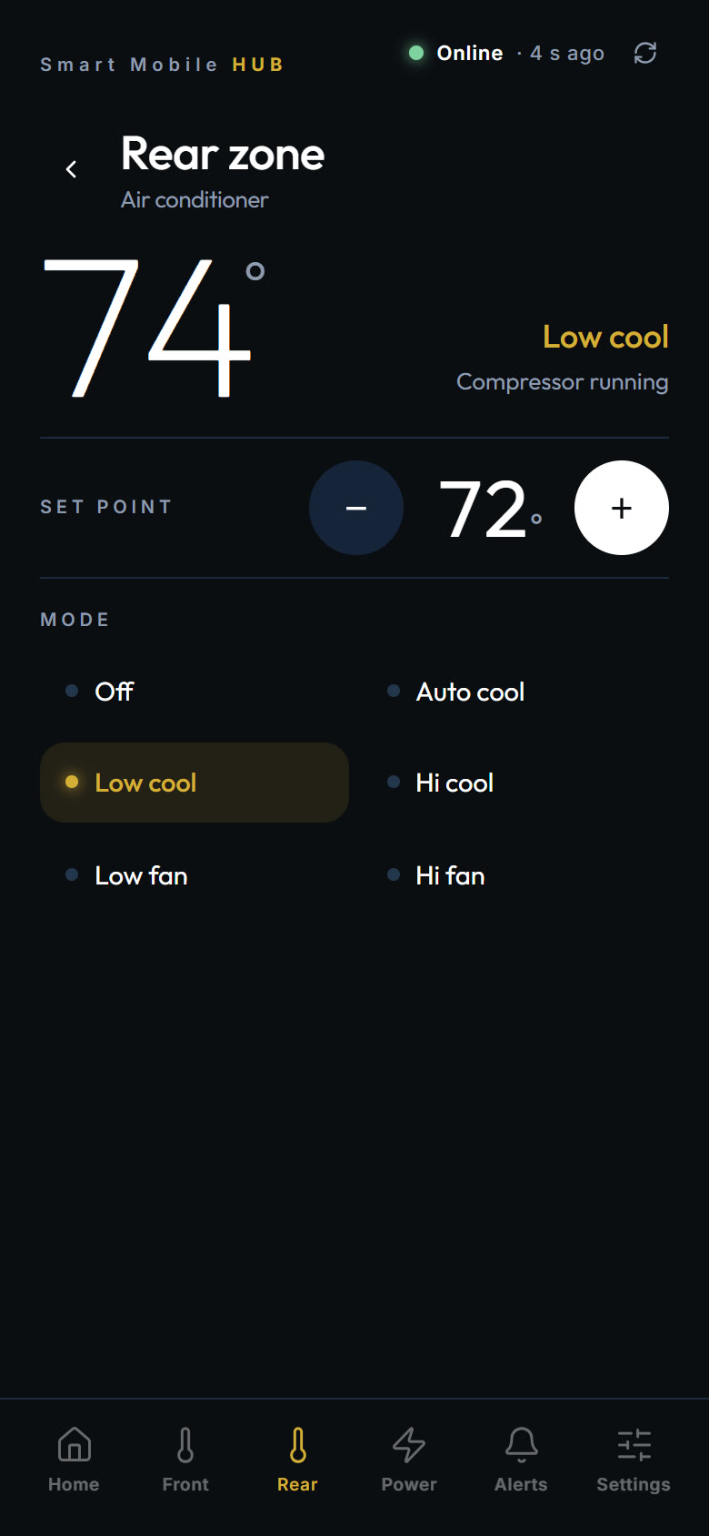 Rear zone screen: 74 degrees, low cool, set point 72